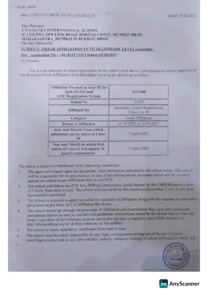 Affiliation Letter of CBSE_01